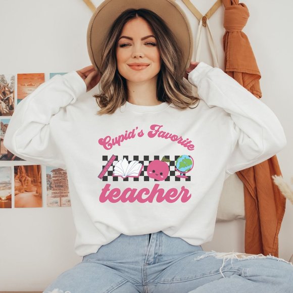 Tops - Cupid's Favorite Teacher Cozy Pullover Sweatshirt Retro Valentine's Day Shirt